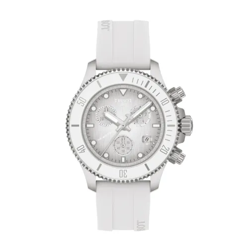 Vue d'ensemble de la montre Tissot Seastar 1000 Quartz Chronograph 38 mm – cadran et bracelet blancs