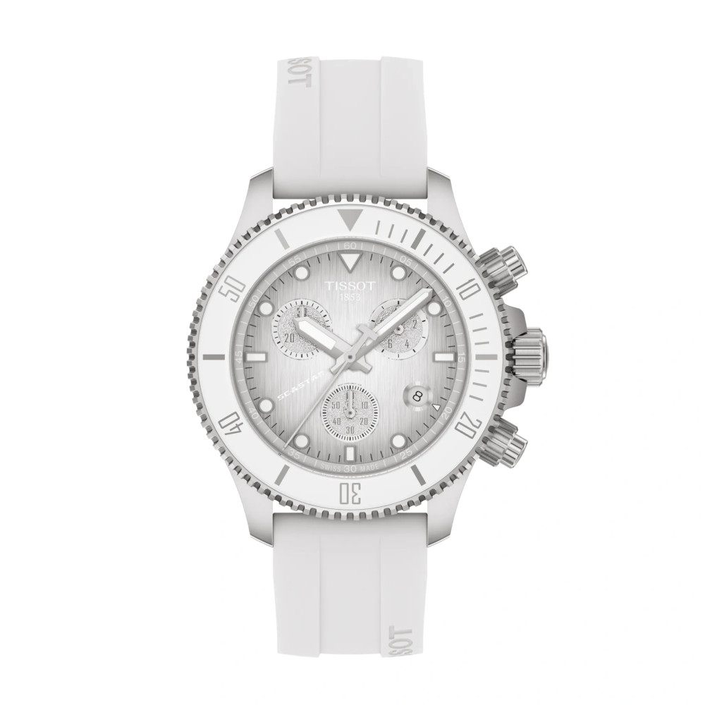 Vue d'ensemble de la montre Tissot Seastar 1000 Quartz Chronograph 38 mm – cadran et bracelet blancs