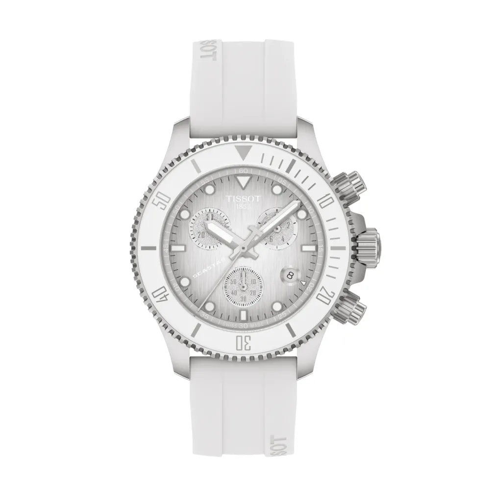 Vue d'ensemble de la montre Tissot Seastar 1000 Quartz Chronograph 38 mm – cadran et bracelet blancs