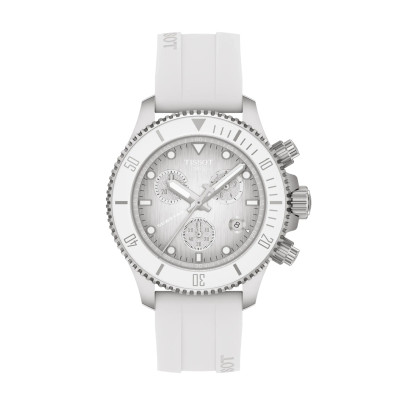 Vue d'ensemble de la montre Tissot Seastar 1000 Quartz Chronograph 38 mm – cadran et bracelet blancs