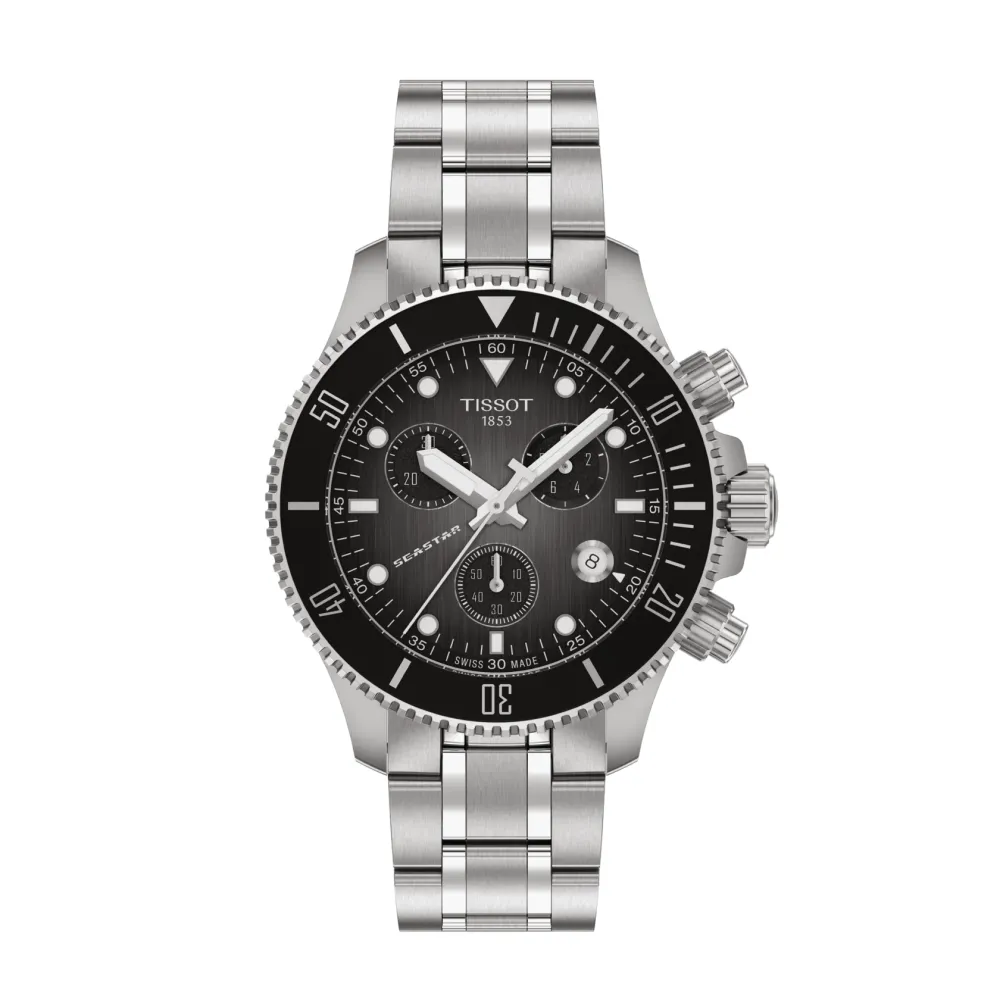 Vue entière de la montre Tissot Seastar 1000 Quartz Chronograph, cadran gris dégradé, bracelet métal.
