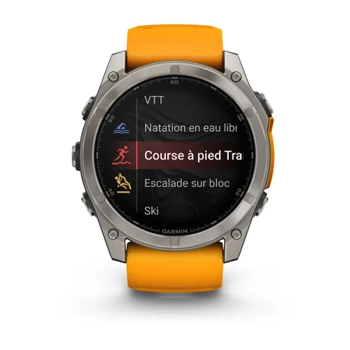 MONTRE GARMIN FĒNIX 8 51 MM AMOLED SAPPHIRE TITANIUM AVEC BRACELET EN SILICONE ORANGE GRAPHITE