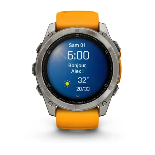 MONTRE GARMIN FĒNIX 8 51 MM AMOLED SAPPHIRE TITANIUM AVEC BRACELET EN SILICONE ORANGE GRAPHITE