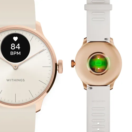 Photo montrant l'intégralité de la Montre Withings ScanWatch Light - 37 mm Sable & Rose Gold.