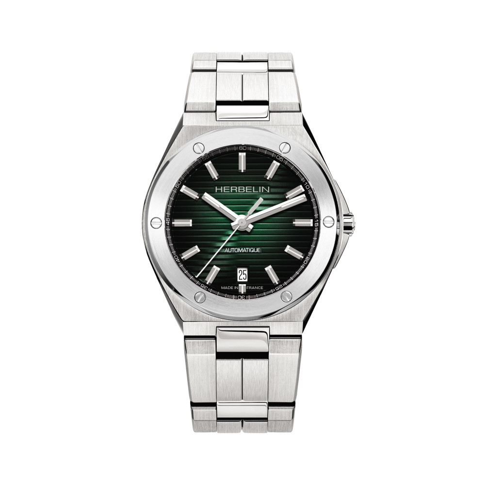 Photo montrant l'intégralité de la montre + Montre Herbelin Cap Camarat – automatique date – acier & vert.
