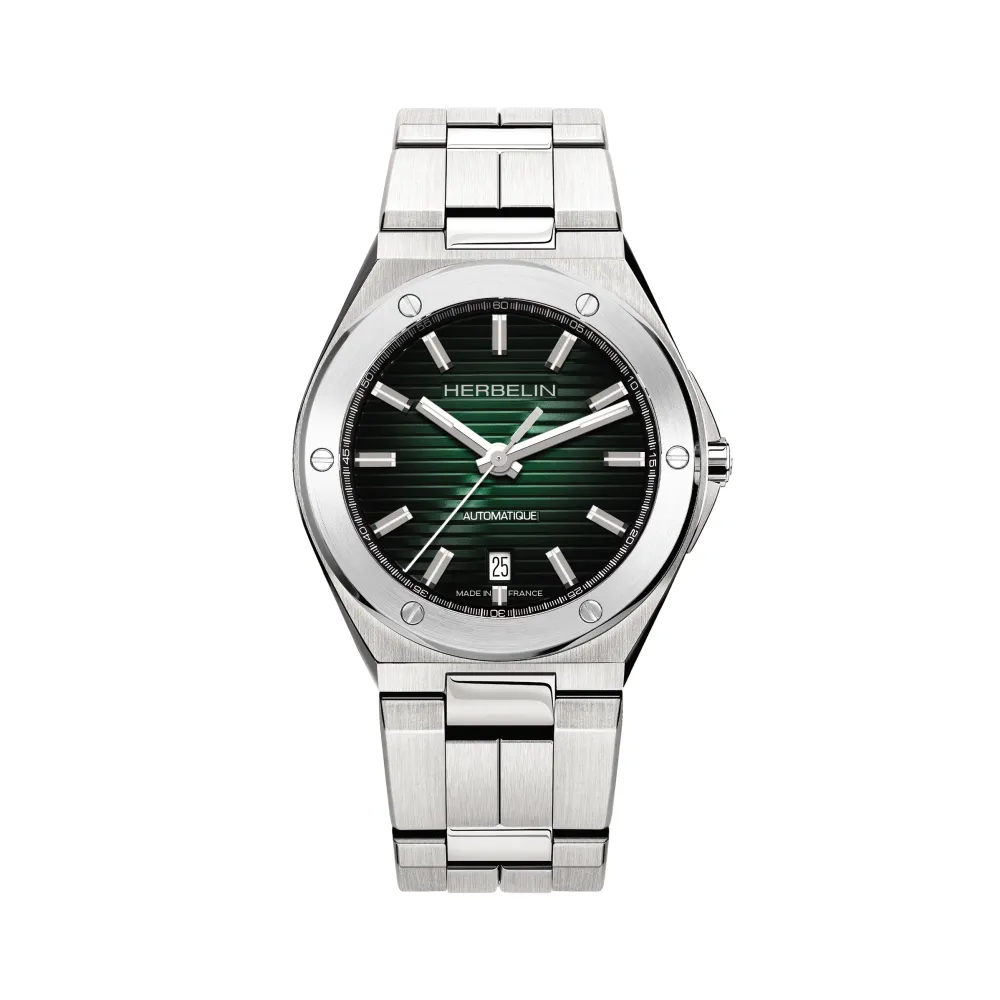 Photo montrant l'intégralité de la montre + Montre Herbelin Cap Camarat – automatique date – acier & vert.