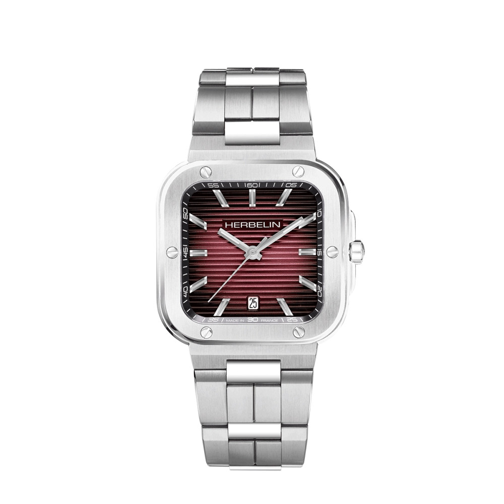 Vue intégralité de la montre Herbelin Cap Camarat – square quartz – acier & rouge.