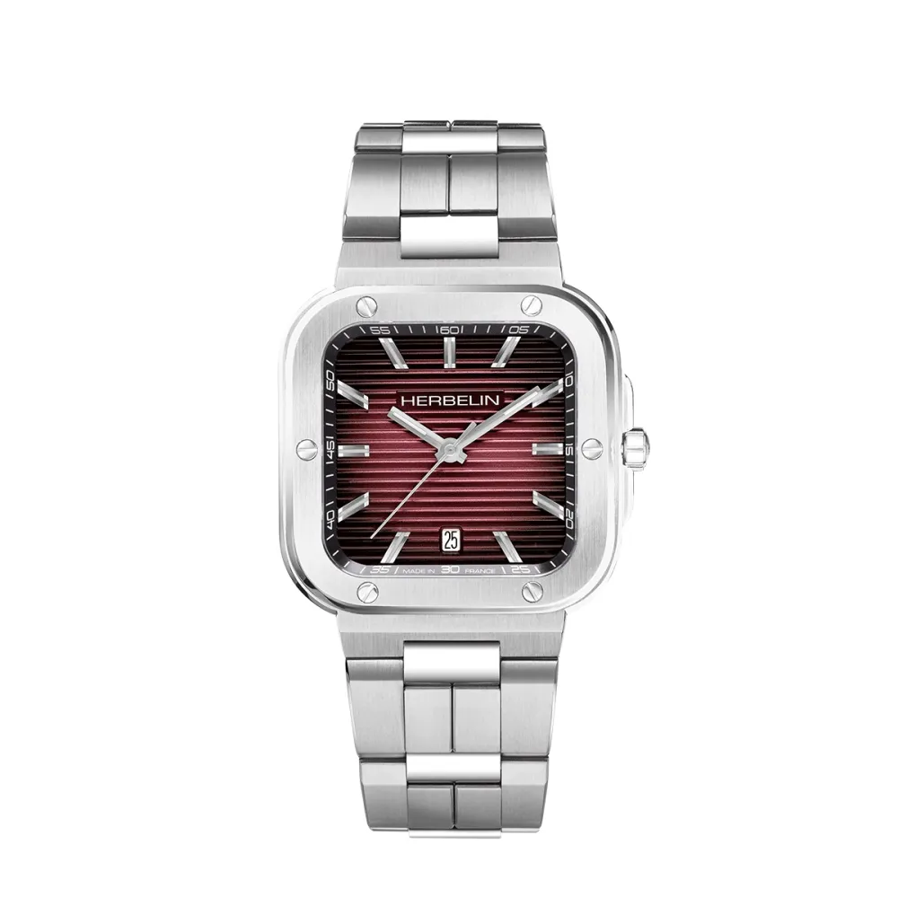 Vue intégralité de la montre Herbelin Cap Camarat – square quartz – acier & rouge.