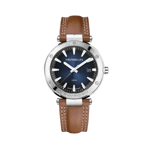Photo montrant l'intégralité de la montre Herbelin Newport – Quartz Date – Acier, Bleu & Cuir
