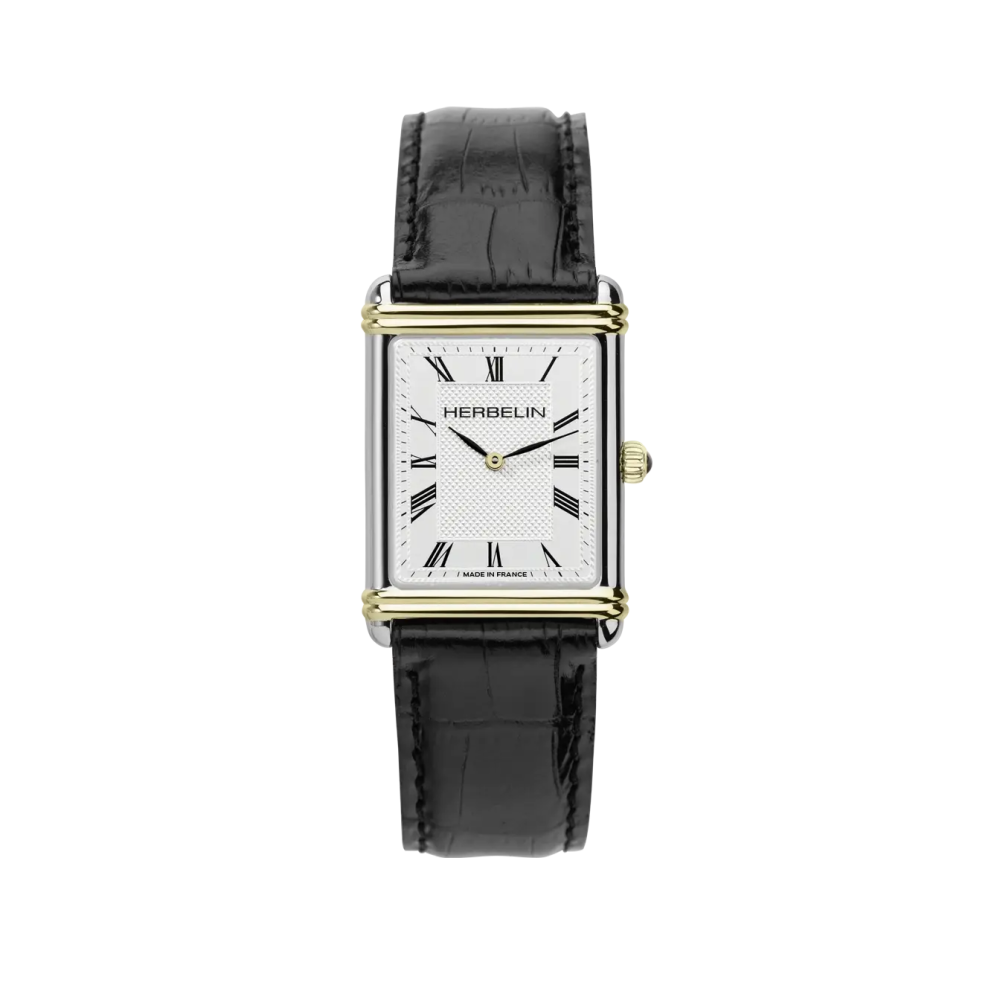 Photo montrant l'intégralité de la montre Montre Herbelin Art Déco – Quartz – Acier Bicolore & Cuir Noir