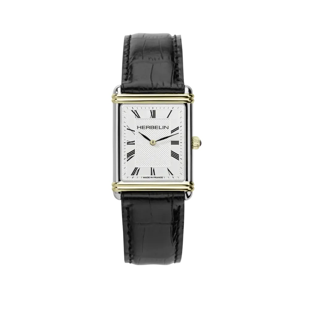 Photo montrant l'intégralité de la montre Montre Herbelin Art Déco – Quartz – Acier Bicolore & Cuir Noir