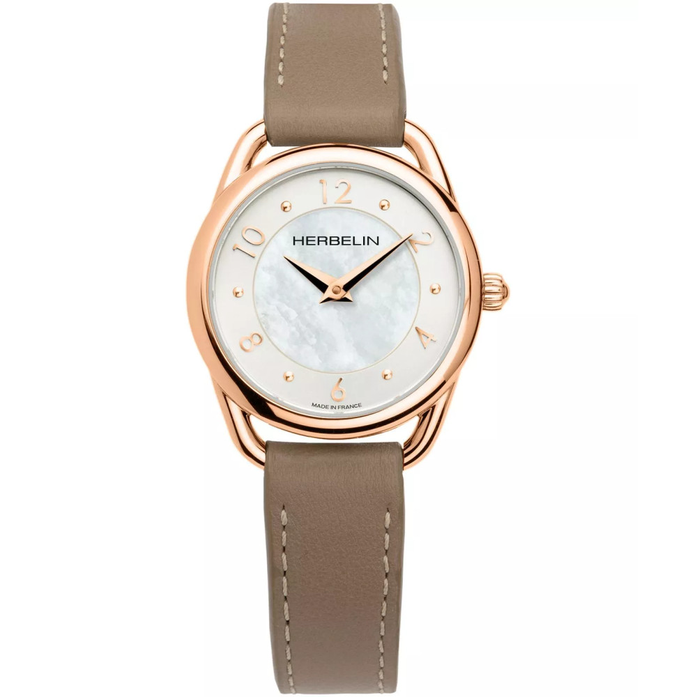 Photo montrant l’intégralité de la Montre Herbelin Equinoxe – quartz – nacre & cuir beige