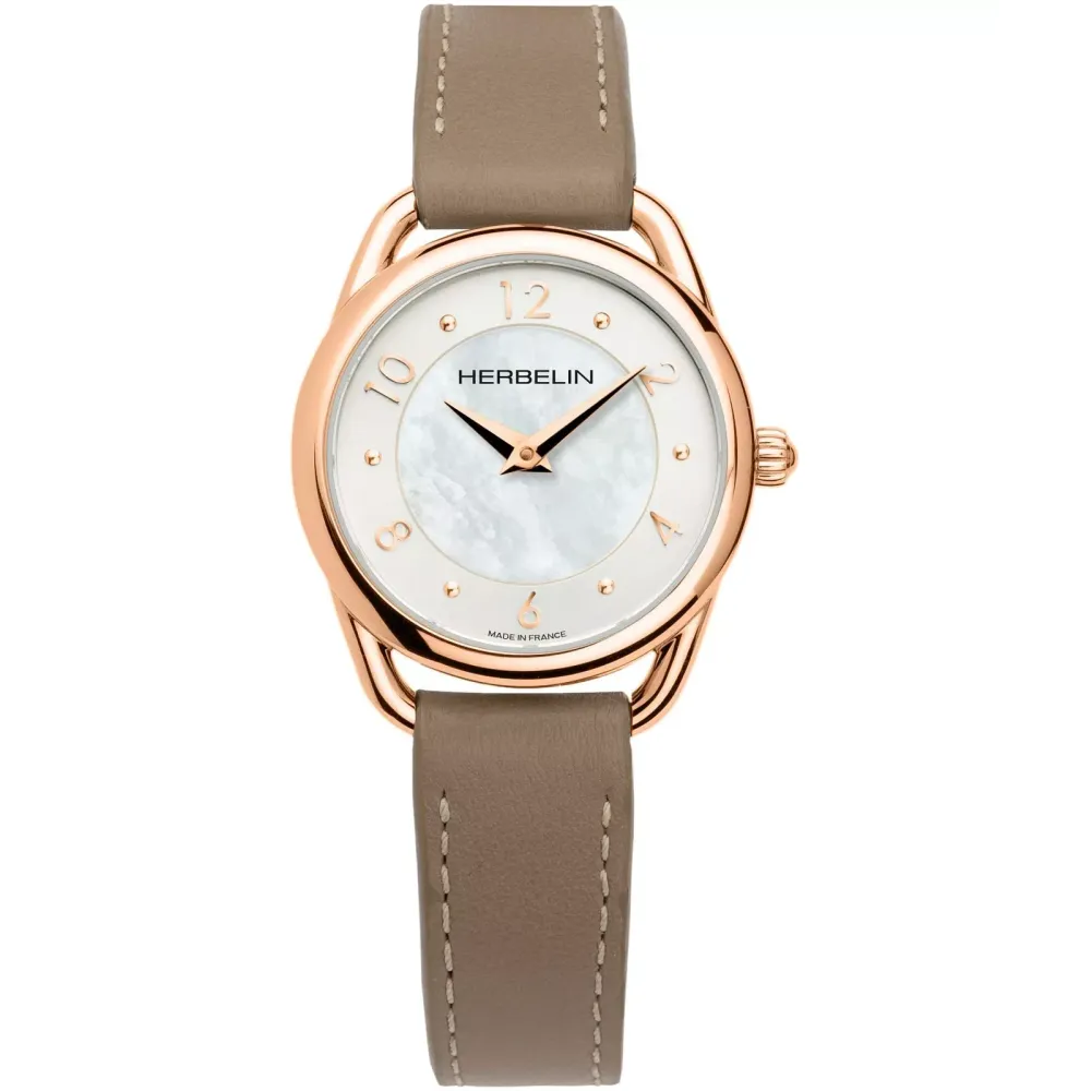 Photo montrant l’intégralité de la Montre Herbelin Equinoxe – quartz – nacre & cuir beige