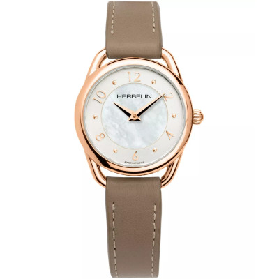 Photo montrant l’intégralité de la Montre Herbelin Equinoxe – quartz – nacre & cuir beige