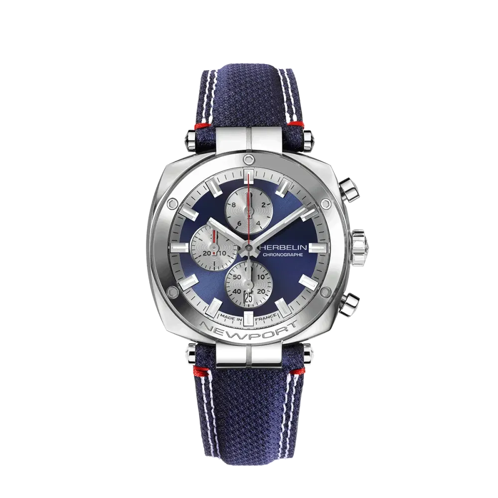 Photo montrant l'intégralité de la montre Newport – Héritage Chronographe – acier & textile