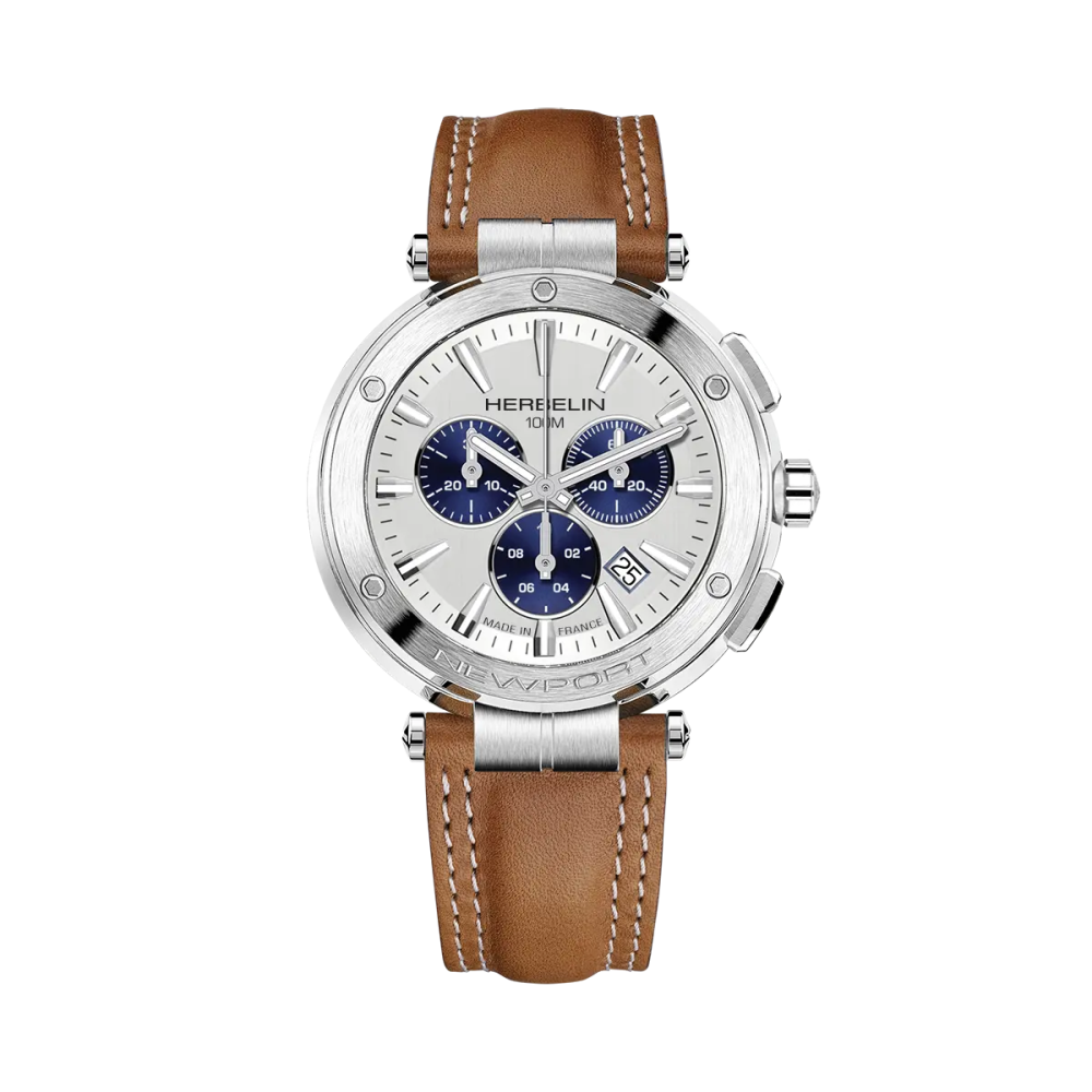 Photo montrant l'intégralité de la montre Newport – Chronographe – Acier & Cuir Camel