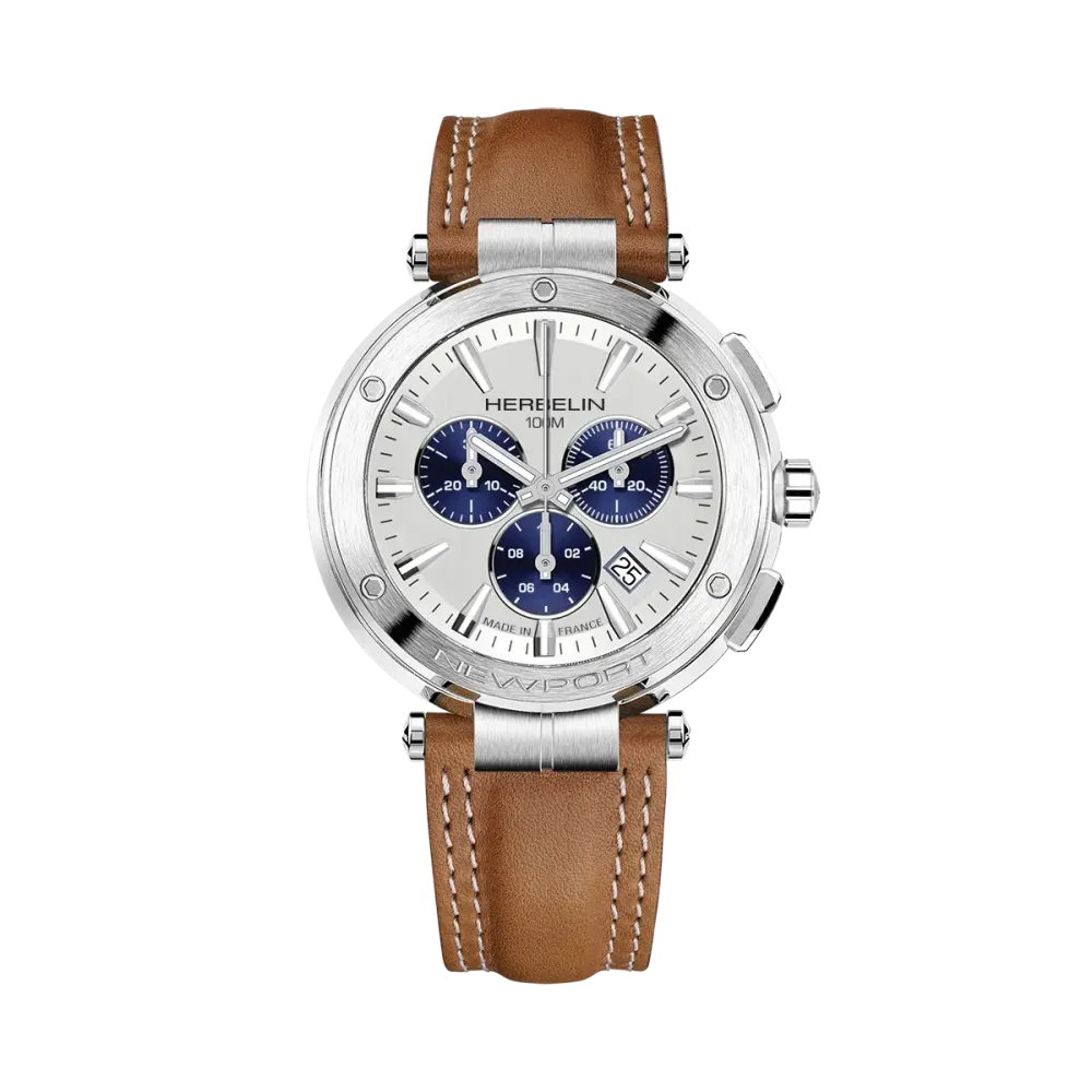 Photo montrant l'intégralité de la montre Newport – Chronographe – Acier & Cuir Camel