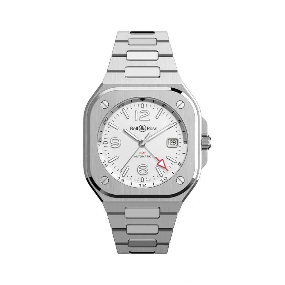 Photo montrant l'intégralité de la montre Bell & Ross BR-05 GMT White bracelet metal
