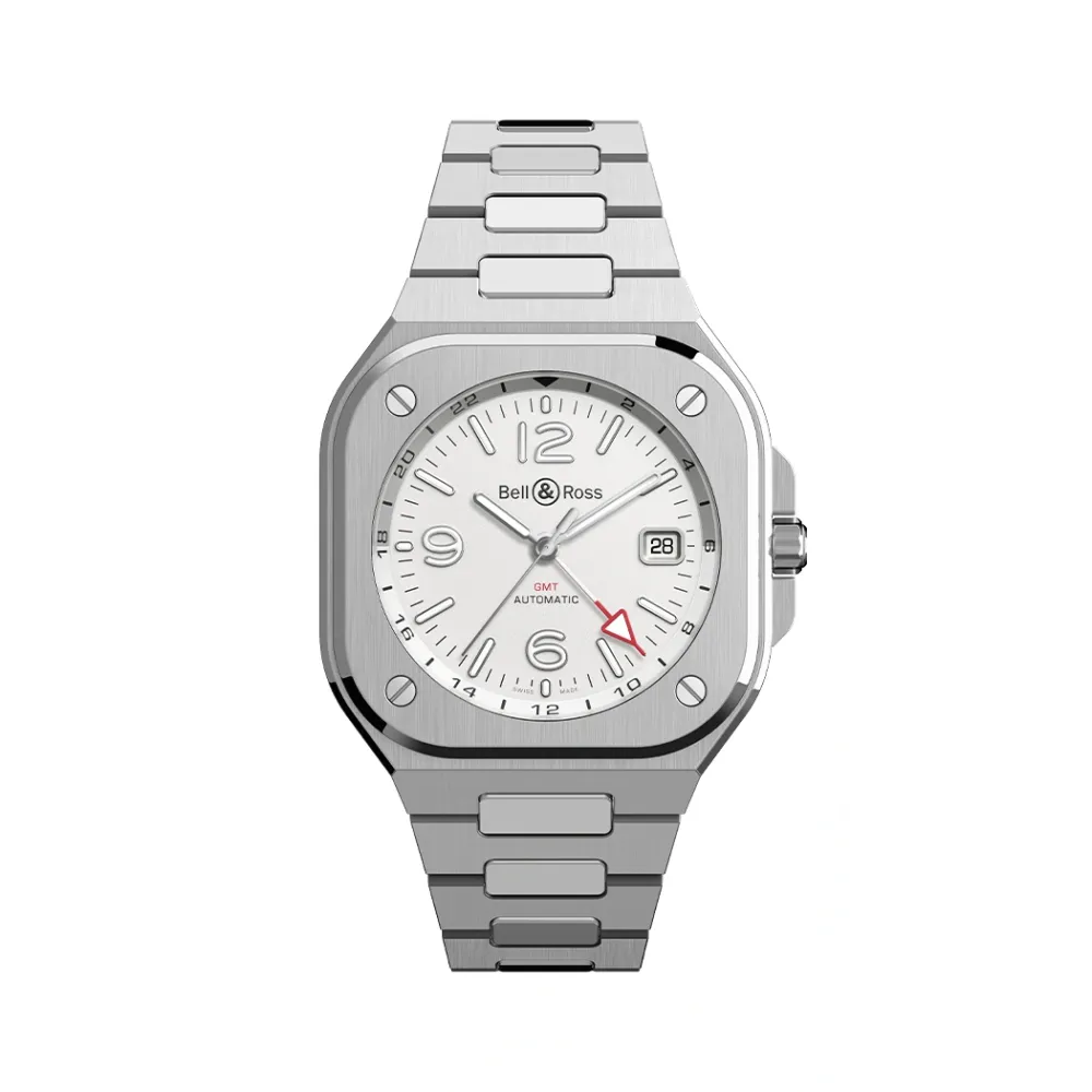 Photo montrant l'intégralité de la montre Bell & Ross BR-05 GMT White bracelet metal