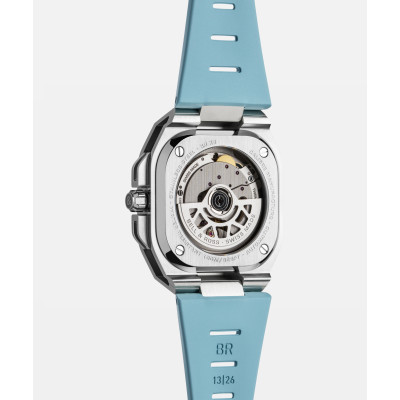 Vue de dos de Montre Bell & Ross BR-X5 Blue Steel Bracelet Caoutchouc Ajouré Bleu Glacier