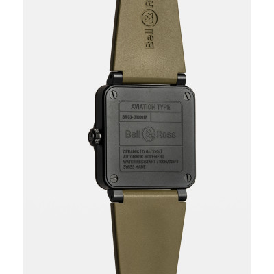 Vue de dos de la montre Montre Bell & Ross BR-03 Military Ceramic