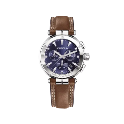 Photo montrant l'intégralité de la montre Montre Herbelin Newport – Chronographe – Bleu & Cuir Brun