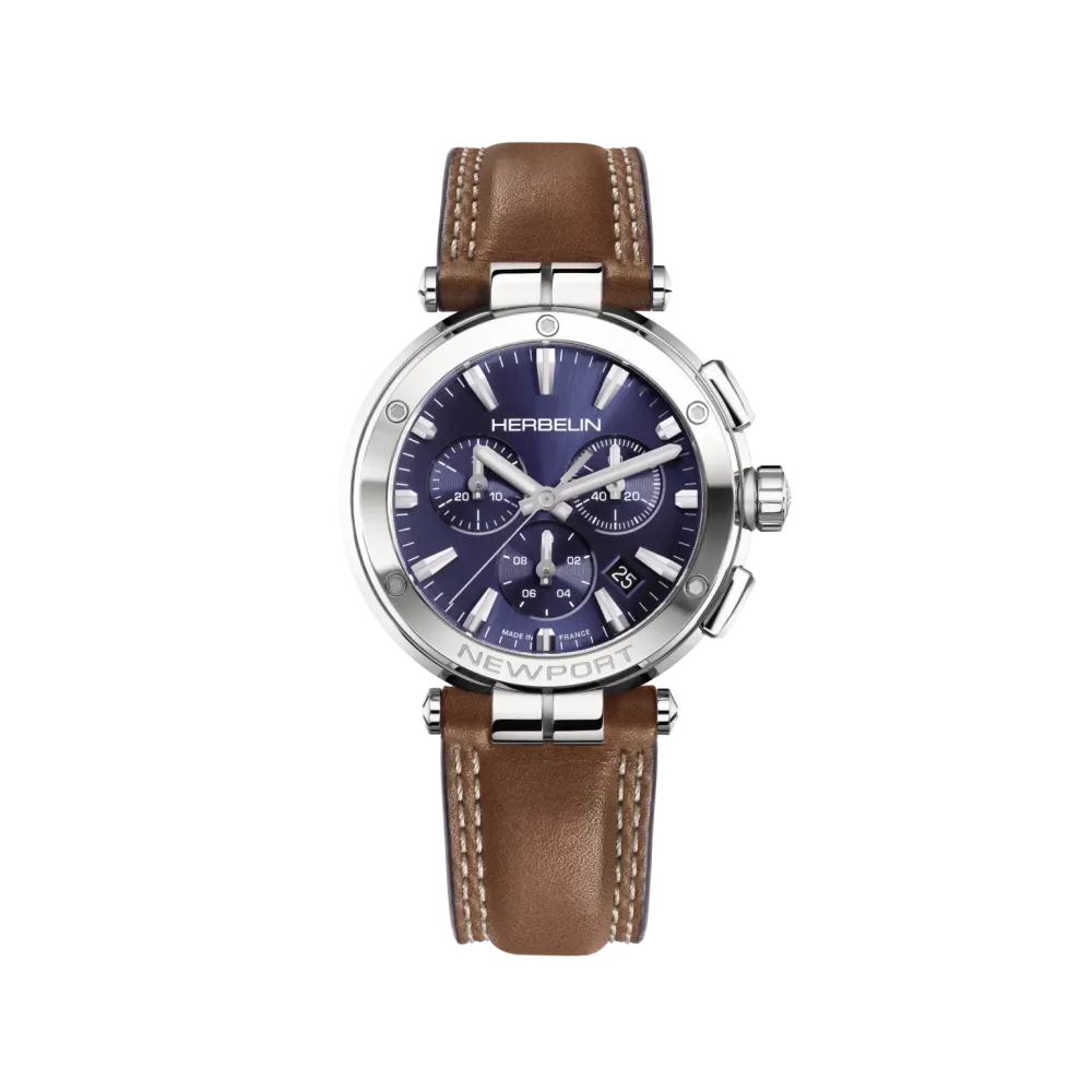 Photo montrant l'intégralité de la montre Montre Herbelin Newport – Chronographe – Bleu & Cuir Brun