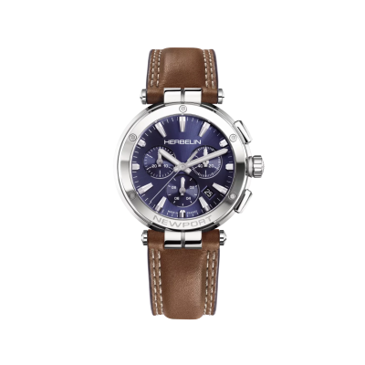 Photo montrant l'intégralité de la montre Montre Herbelin Newport – Chronographe – Bleu & Cuir Brun
