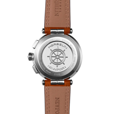 Vue de dos de la Montre Herbelin Newport – Chronographe – Bleu & Cuir Brun