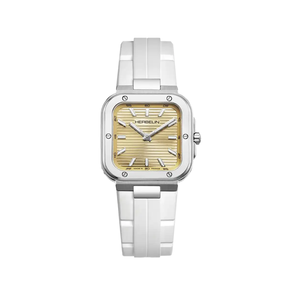 Photo montrant l'intégralité de la montre Montre Herbelin Cap Camarat – Square Dame – Champagne & Blanc