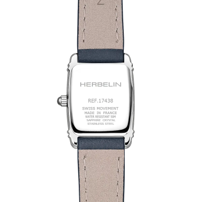 Vue de dos de la Montre Herbelin Art Déco – Tonneau Quartz – Acier & Cuir Bleu