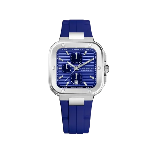 Photo montrant l'intégralité de la montre Montre Herbelin Cap Camarat Square – Chronographe – Bleu & FKM Bleu