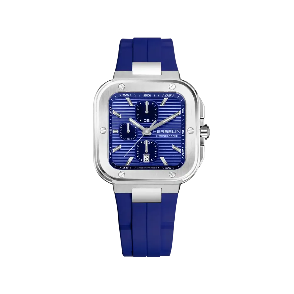 Photo montrant l'intégralité de la montre Montre Herbelin Cap Camarat Square – Chronographe – Bleu & FKM Bleu