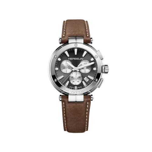Photo montrant l'intégralité de la montre Montre Herbelin Newport – Chronographe – Gris, Blanc & Cuir Brun