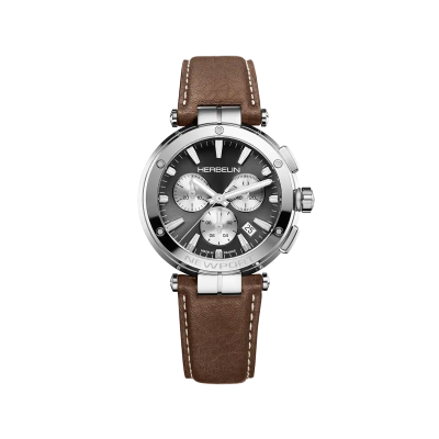 Photo montrant l'intégralité de la montre Montre Herbelin Newport – Chronographe – Gris, Blanc & Cuir Brun
