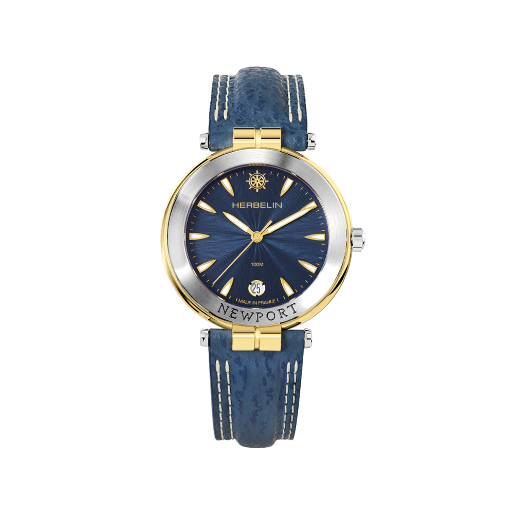 Vue intégrale de la Montre Herbelin Newport – Héritage Originals – Cuir Bleu