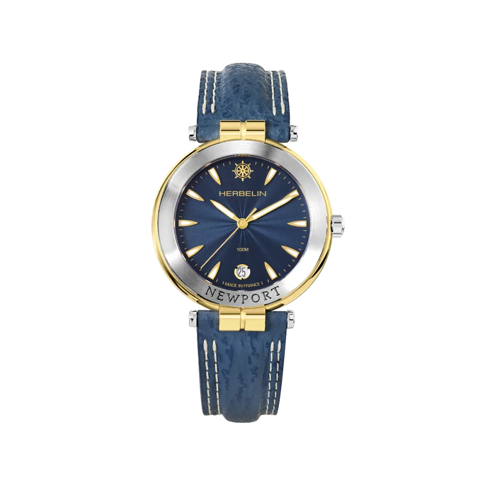 Vue intégrale de la Montre Herbelin Newport – Héritage Originals – Cuir Bleu
