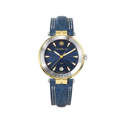Vue intégrale de la Montre Herbelin Newport – Héritage Originals – Cuir Bleu