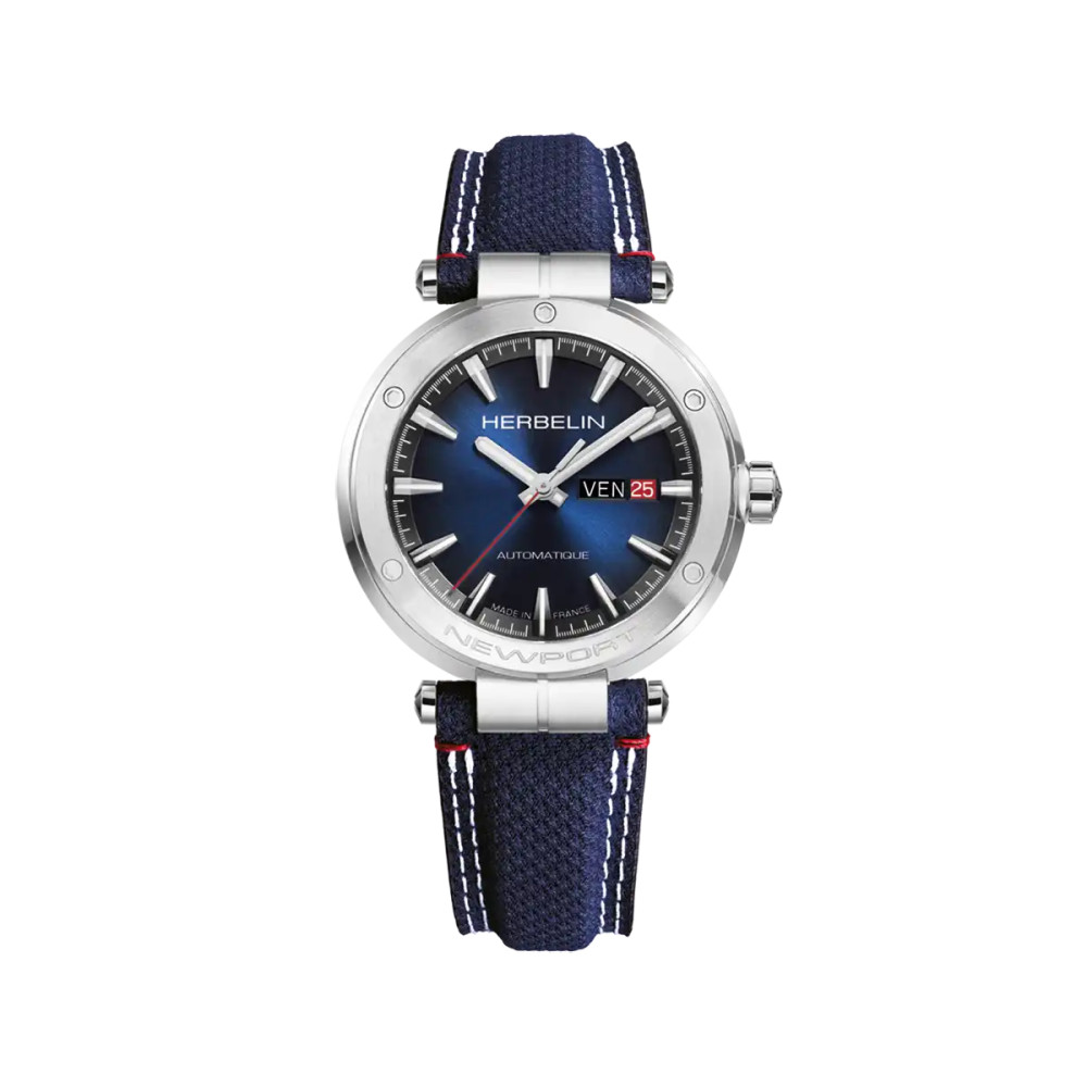 Vue intégrale de la Montre Herbelin Newport – Automatique & Day Date – Textile Bleu