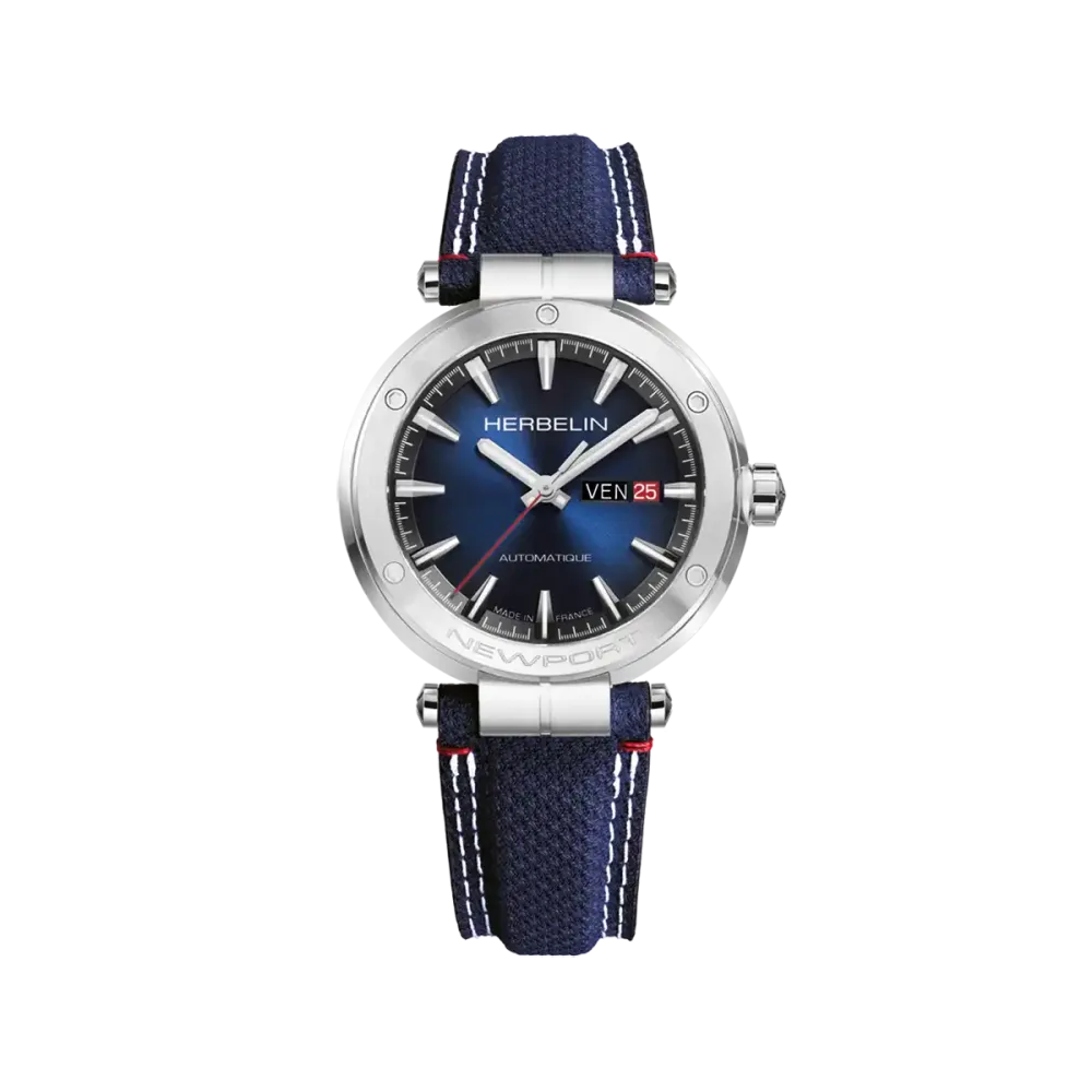 Vue intégrale de la Montre Herbelin Newport – Automatique & Day Date – Textile Bleu