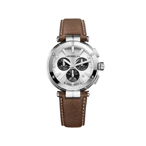 Photo montrant l'intégralité de la Montre Herbelin Newport – Chronographe – Blanc, Gris & Cuir Brun