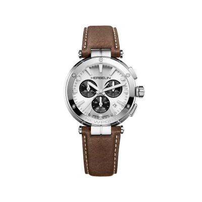 Photo montrant l'intégralité de la Montre Herbelin Newport – Chronographe – Blanc, Gris & Cuir Brun