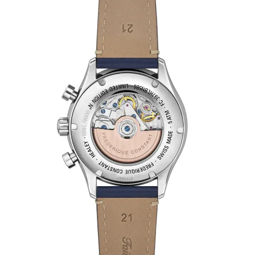 Vue intégrale de la montre Frédérique Constant Classics Vintage Rally Healey Chronograph Automatic cadran bleu bracelet bleu