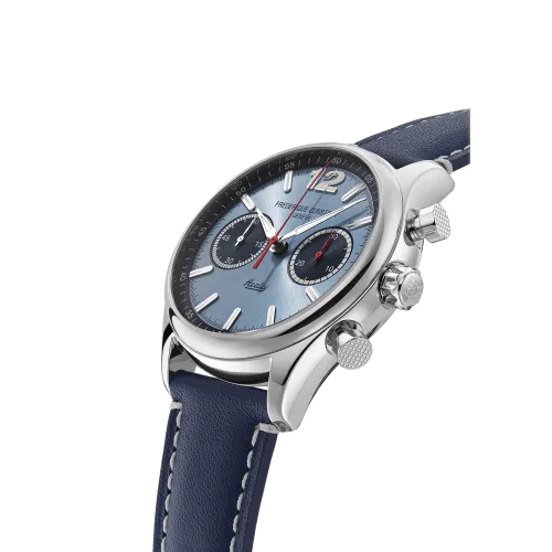 Vue intégrale de la montre Frédérique Constant Classics Vintage Rally Healey Chronograph Automatic cadran bleu bracelet bleu