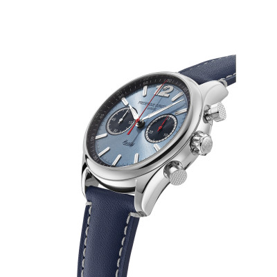 Vue de profil de la montre Frédérique Constant Classics Vintage Rally Healey Chronograph Automatic cadran bleu bracelet bleu