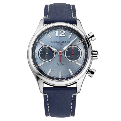 Vue intégrale de la montre Frédérique Constant Classics Vintage Rally Healey Chronograph Automatic cadran bleu bracelet bleu