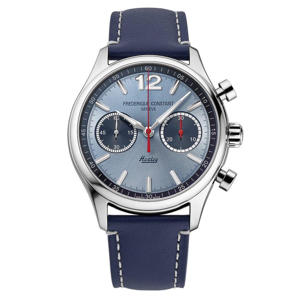 Vue intégrale de la montre Frédérique Constant Classics Vintage Rally Healey Chronograph Automatic cadran bleu bracelet bleu