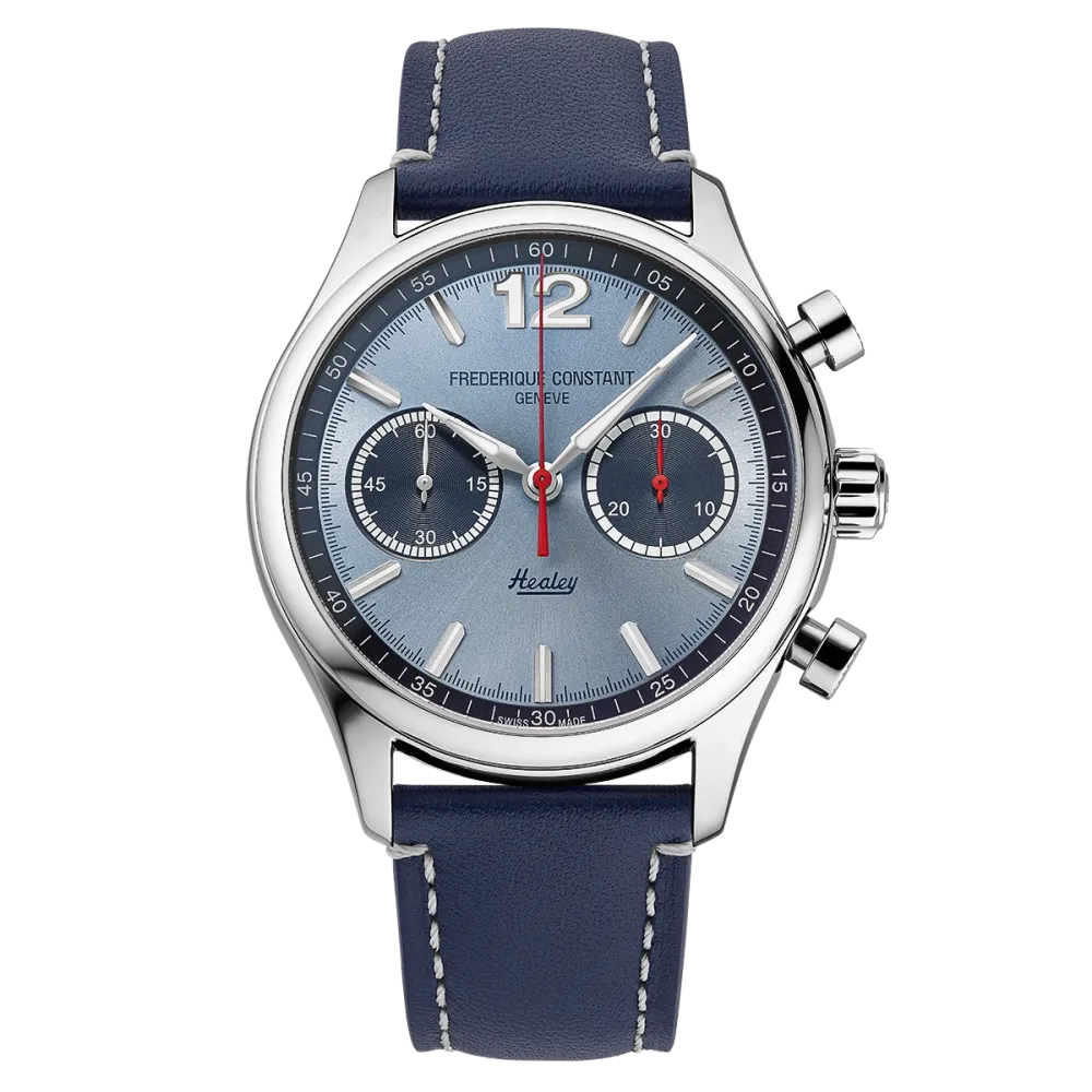 Vue intégrale de la montre Frédérique Constant Classics Vintage Rally Healey Chronograph Automatic cadran bleu bracelet bleu