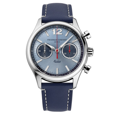 Vue intégrale de la montre Frédérique Constant Classics Vintage Rally Healey Chronograph Automatic cadran bleu bracelet bleu