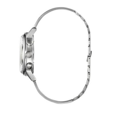 Vue profil de la Montre Lip Rallye Méca-Quartz Chronograph 40 Mm Cadran Argent Bracelet Argent montrant la couronne